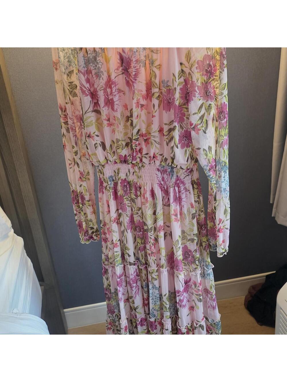 Kate & Lily Pink Floral Midi Dress with Sheer Long Sleeves and Elastic Waist, UK - Picture 5 of 7